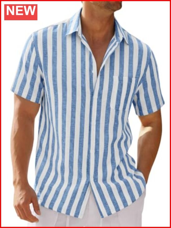 Other - Mens Linen Short Sleeve Striped Button Down Shirt Casual Beach Vacation Top
